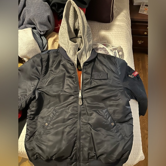 Alpha Industries bomber jacket. Zip in/out hoodie liner. Worn 2-3 times. - Picture 1 of 5